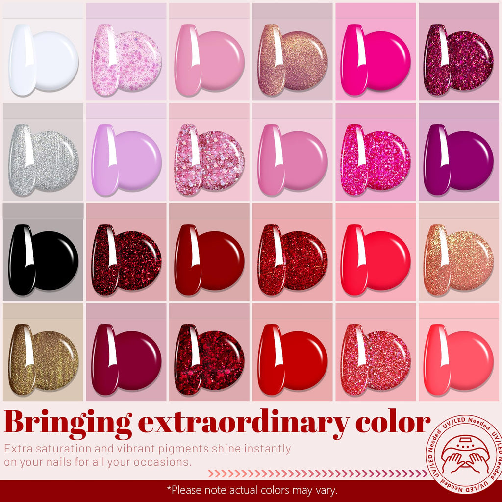 ABAC 24-Color Solid Gel Nail Polish Kit – Rose Gold Glitter & Wine Red | Pro Brush, No-Spill, HEMA-Free