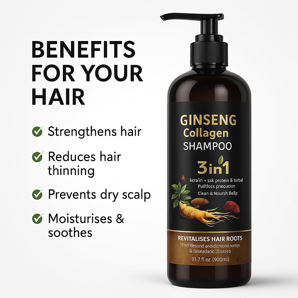 ABBASI & CO 900ml 3-in-1 Ginseng Collagen Shampoo with Ginger Extract | Hair Growth, Keratin & Silk Protein