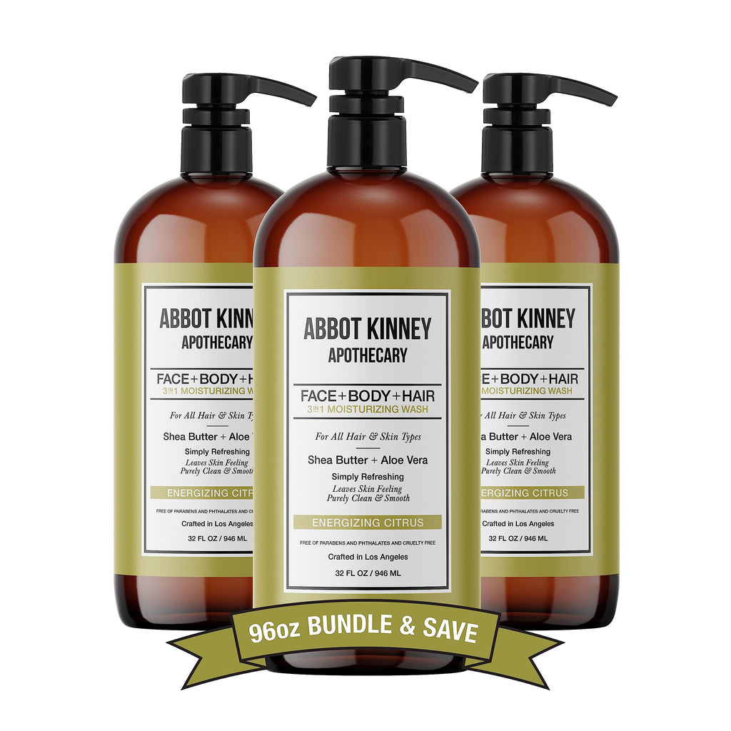 ABBOT KINNEY APOTHECARY Men's 3-in-1 Wash: Shampoo, Conditioner & Body Wash in Energizing Citrus – 32 oz (3 Pack)