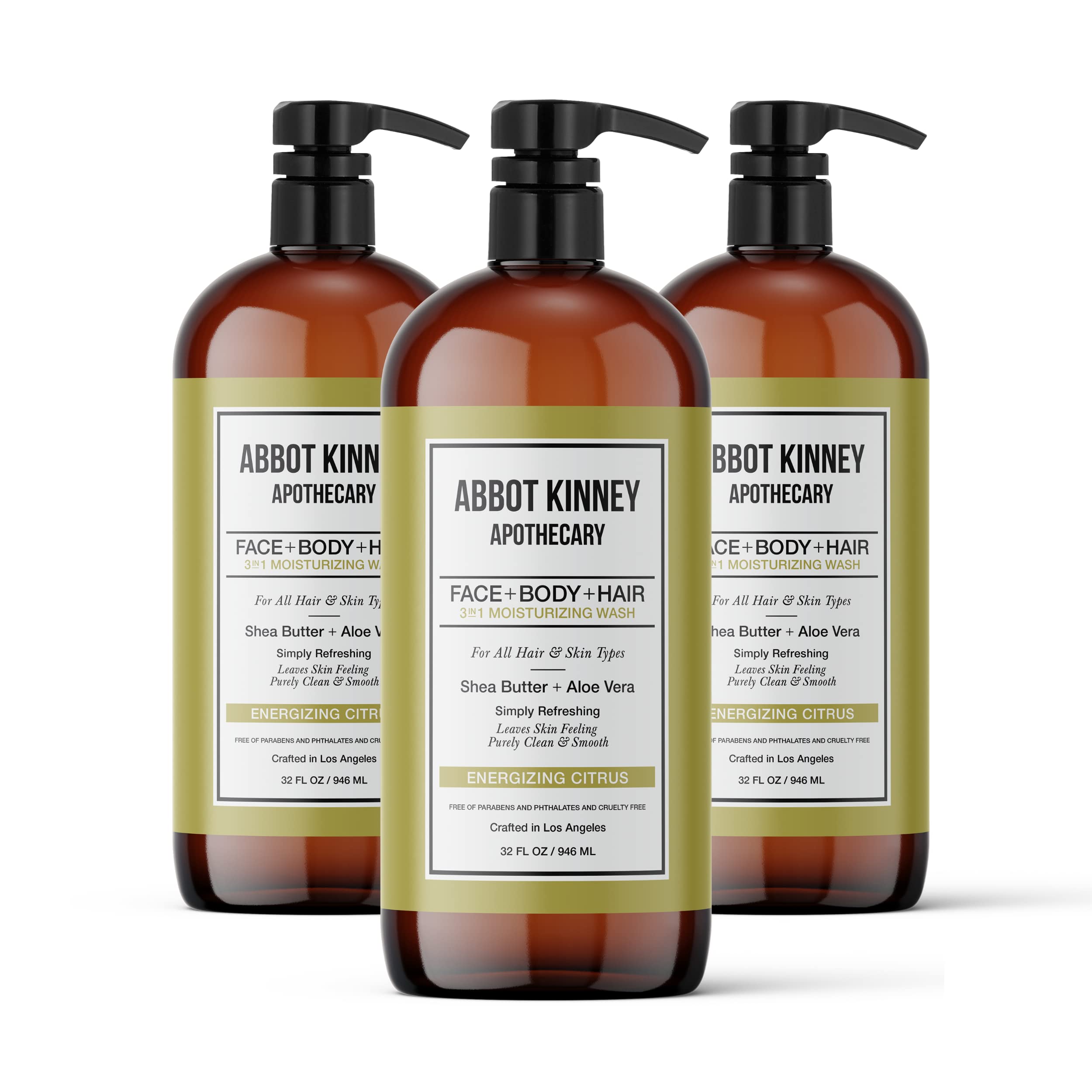 ABBOT KINNEY APOTHECARY Men's 3-in-1 Wash: Shampoo, Conditioner & Body Wash in Energizing Citrus – 32 oz (3 Pack)