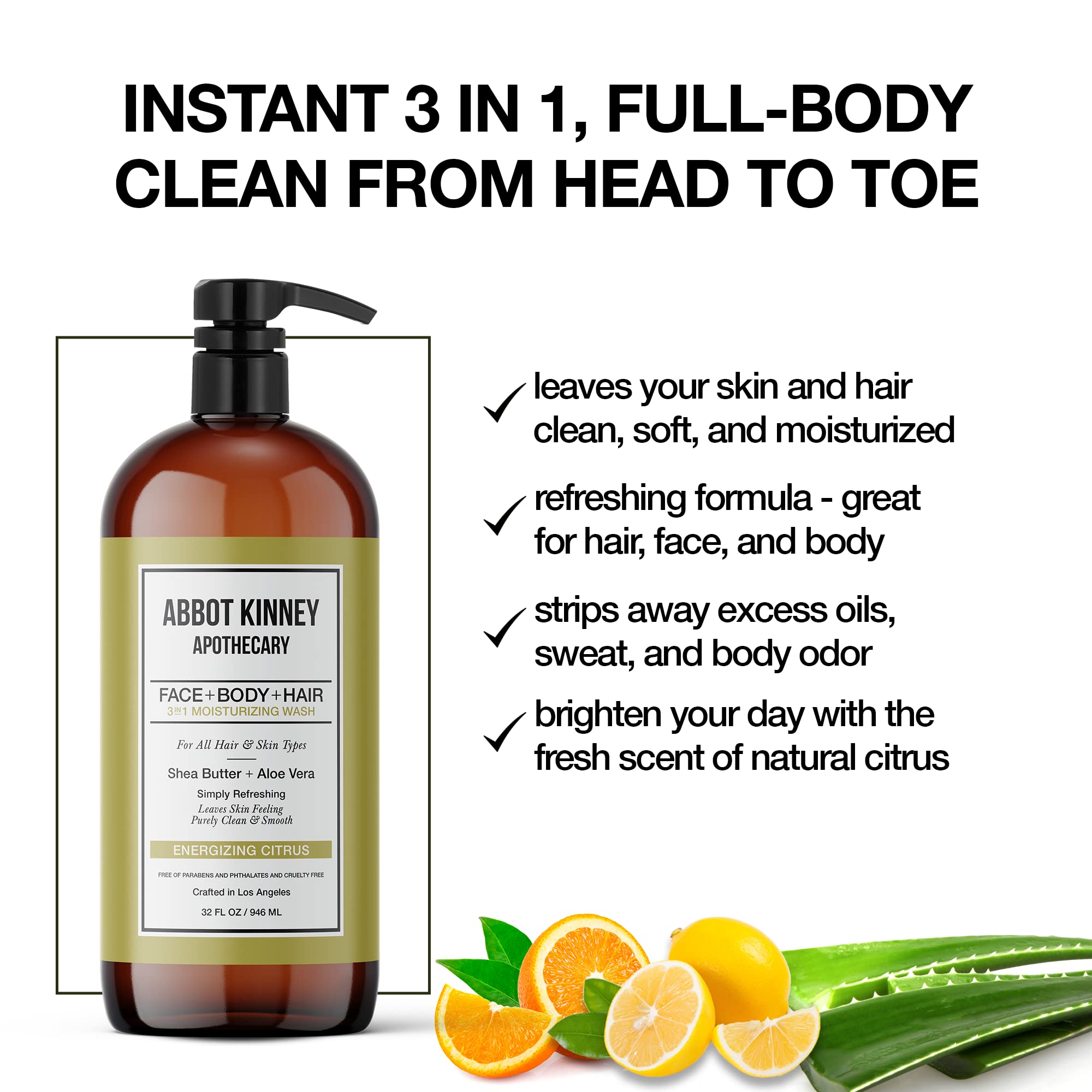 Abbot Kinney Apothecary Men’s 3-in-1 Wash – Energizing Citrus, 32oz, 2 Pack
