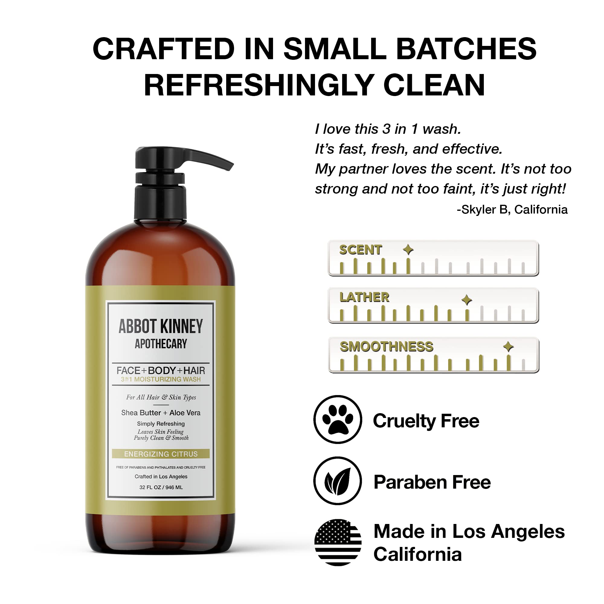 ABBOT KINNEY APOTHECARY Men's 3-in-1 Wash: Shampoo, Conditioner & Body Wash in Energizing Citrus – 32 oz (3 Pack)