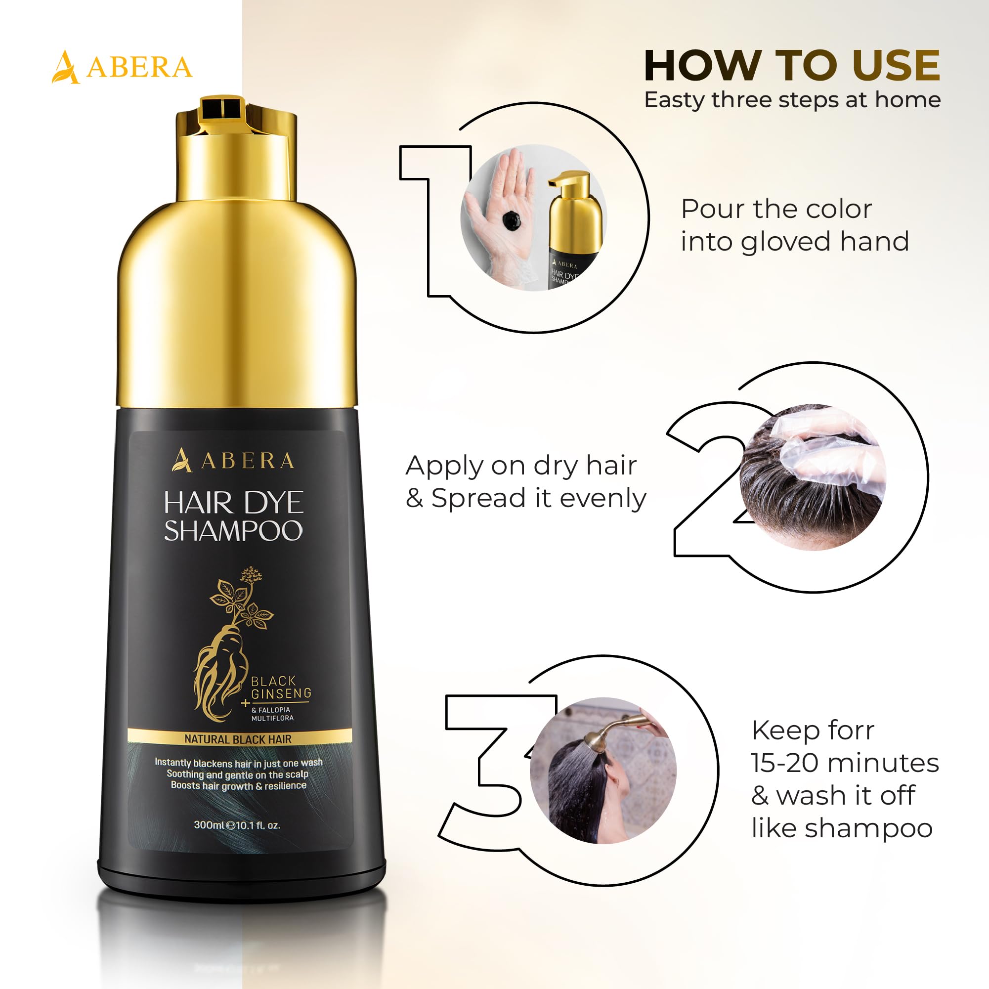ABERA Hair Dye Shampoo – Black Hair Color for Grey Coverage | One-Wash Treatment (10.1 fl oz)