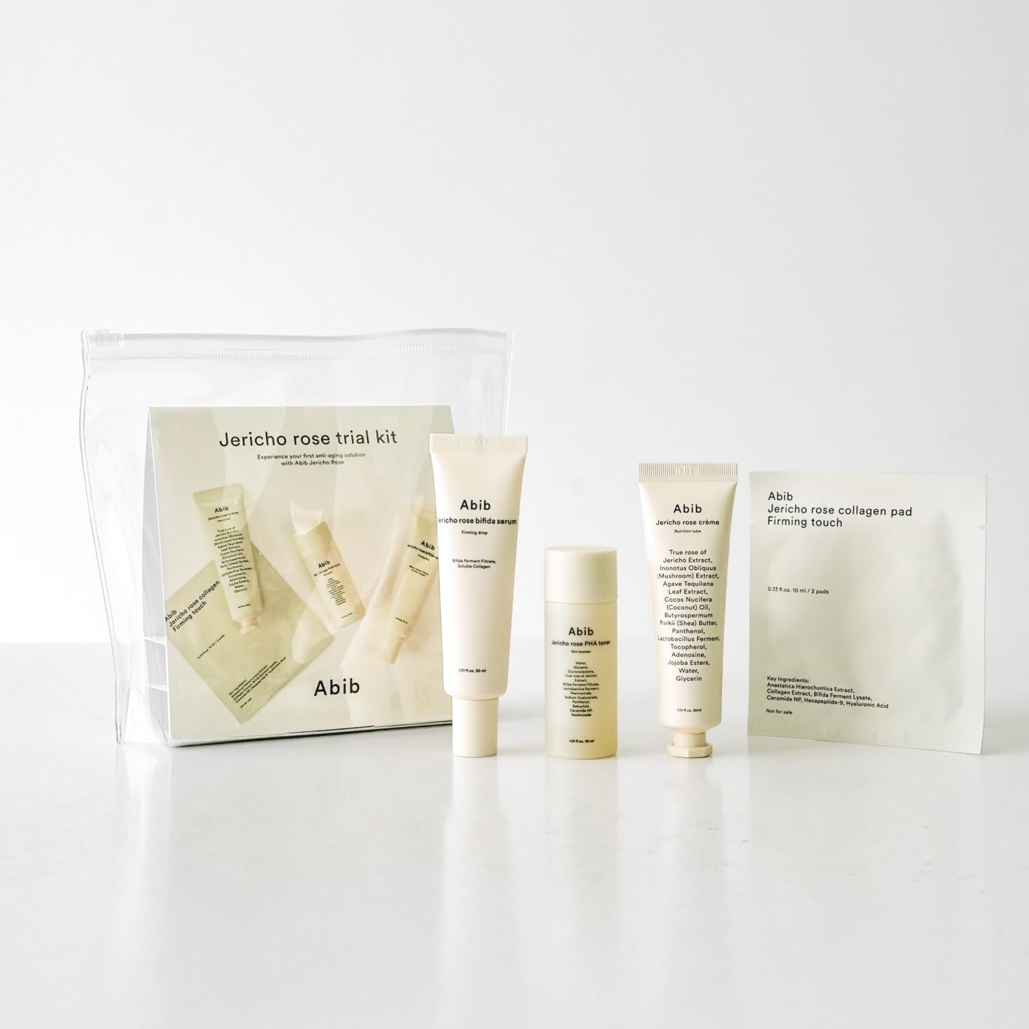 Abib Jericho Trial Kit – Travel-Ready Korean Skincare (Toner Pads, Cream, Serum) Beige