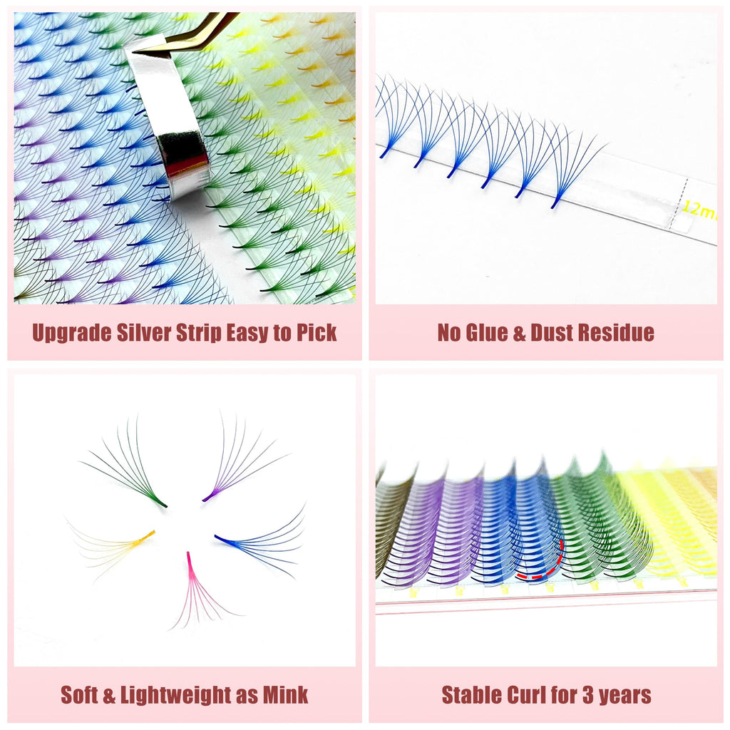 ABONNIE Colored Premade Lash Fans – 400pcs Mix Colors, 6D 15mm C Curl