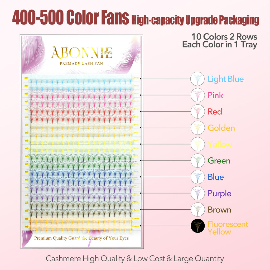 ABONNIE Colored Premade Lash Fans – 400pcs Mix Colors, 6D 15mm C Curl