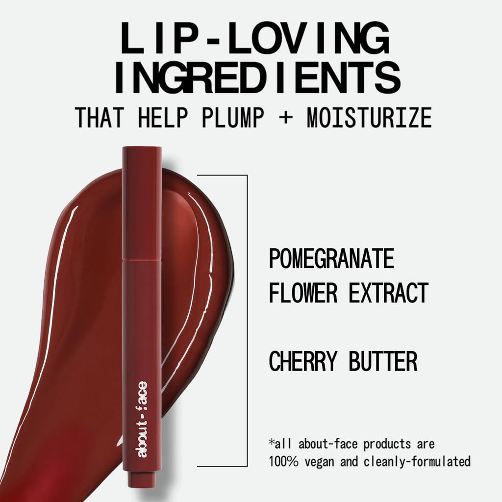 about-face Cherry Pick Lip Color Butter – High-Shine, Hydrating Lip Balm with Pomegranate Flower Extract & Cherry Butter – Vegan, Cruelty-Free, Clean Beauty – 0.06 oz (The Cranberries – Spiced Wood)