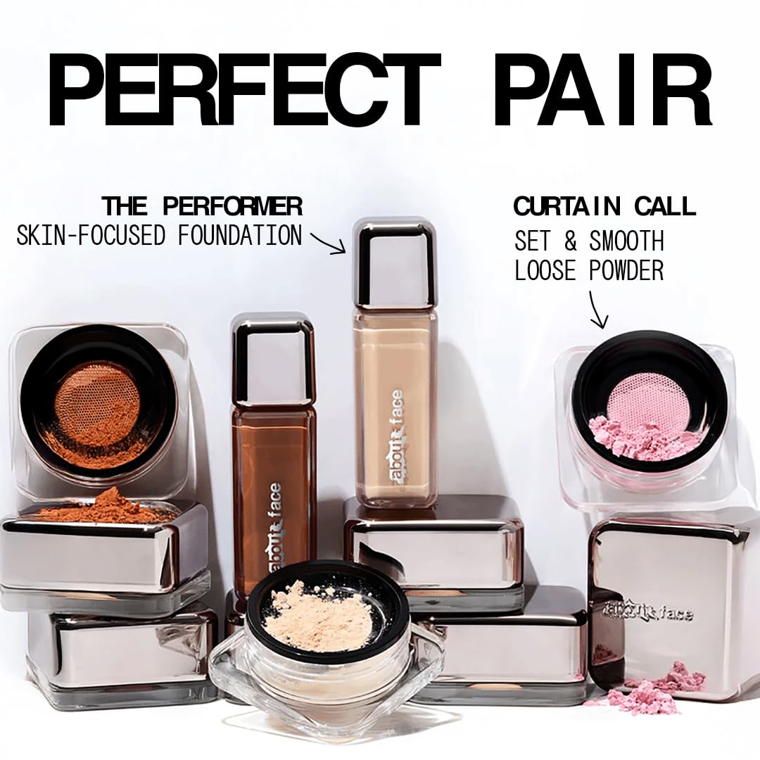 about-face Curtain Call Set & Smooth Loose Powder Ovation – Lightweight, Oil-Absorbing Setting Powder (0.35 oz) in Very Deep – Vegan & Cruelty-Free