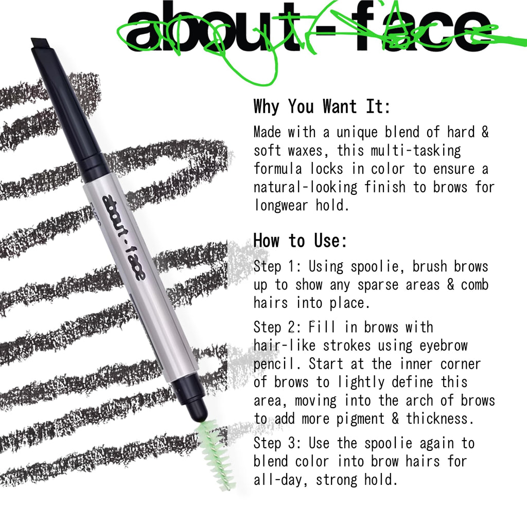 about-face Brow Artist: Long-Wear Brow Pencil with Built-In Spoolie – Clean, Vegan, Cruelty-Free – 0.007 oz – Eight – Soft Black