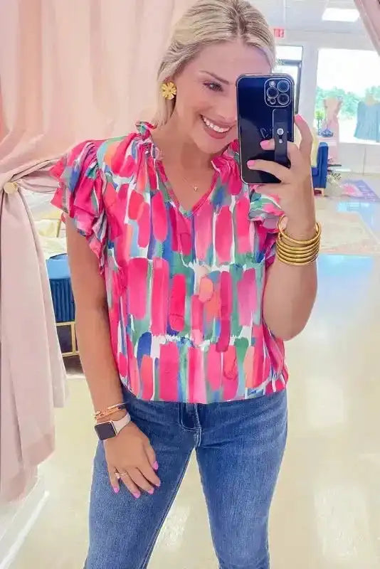 Abstract Brush Print Ruffled Cap Sleeve Frilled Blouse Women UK