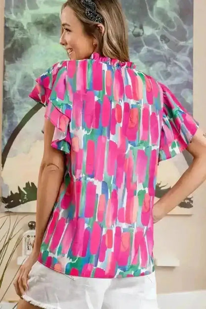 Abstract Brush Print Ruffled Cap Sleeve Frilled Blouse Women UK