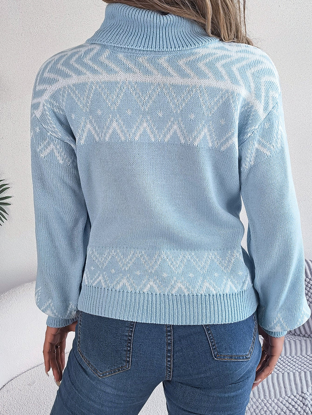 Women Ethnic Style Vintage Jacquard Lantern Sleeve Turtleneck Sweater