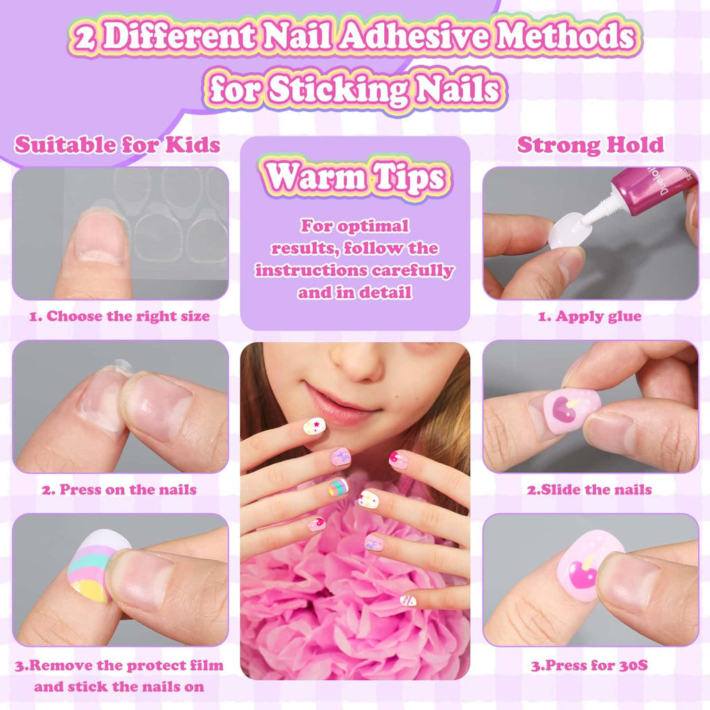 Acejoz 144-Pcs Kids Press-On Nails Kit with Glue, Tips & Gift Set for Girls 8-12
