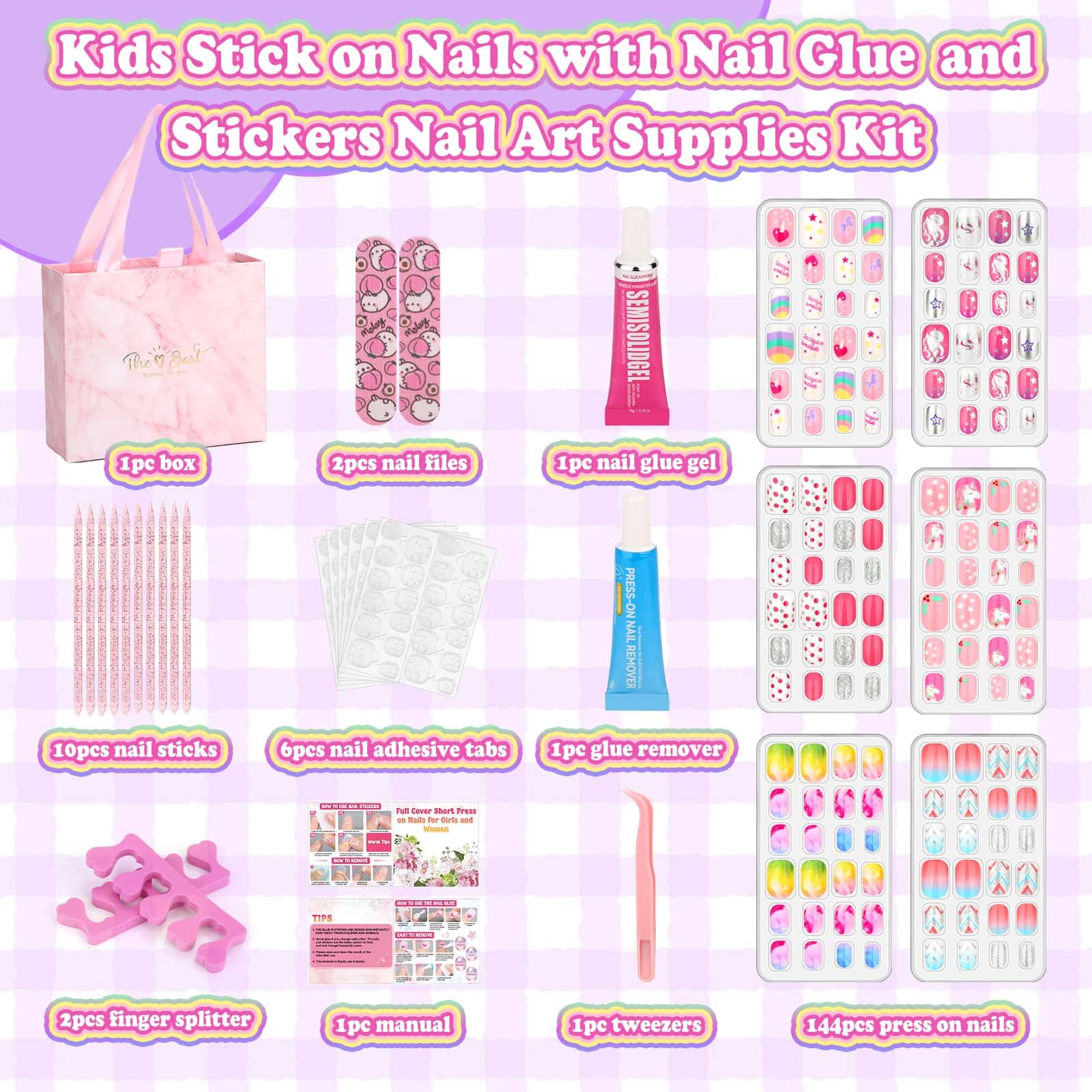 Acejoz 144-Pcs Kids Press-On Nails Kit with Glue, Tips & Gift Set for Girls 8-12