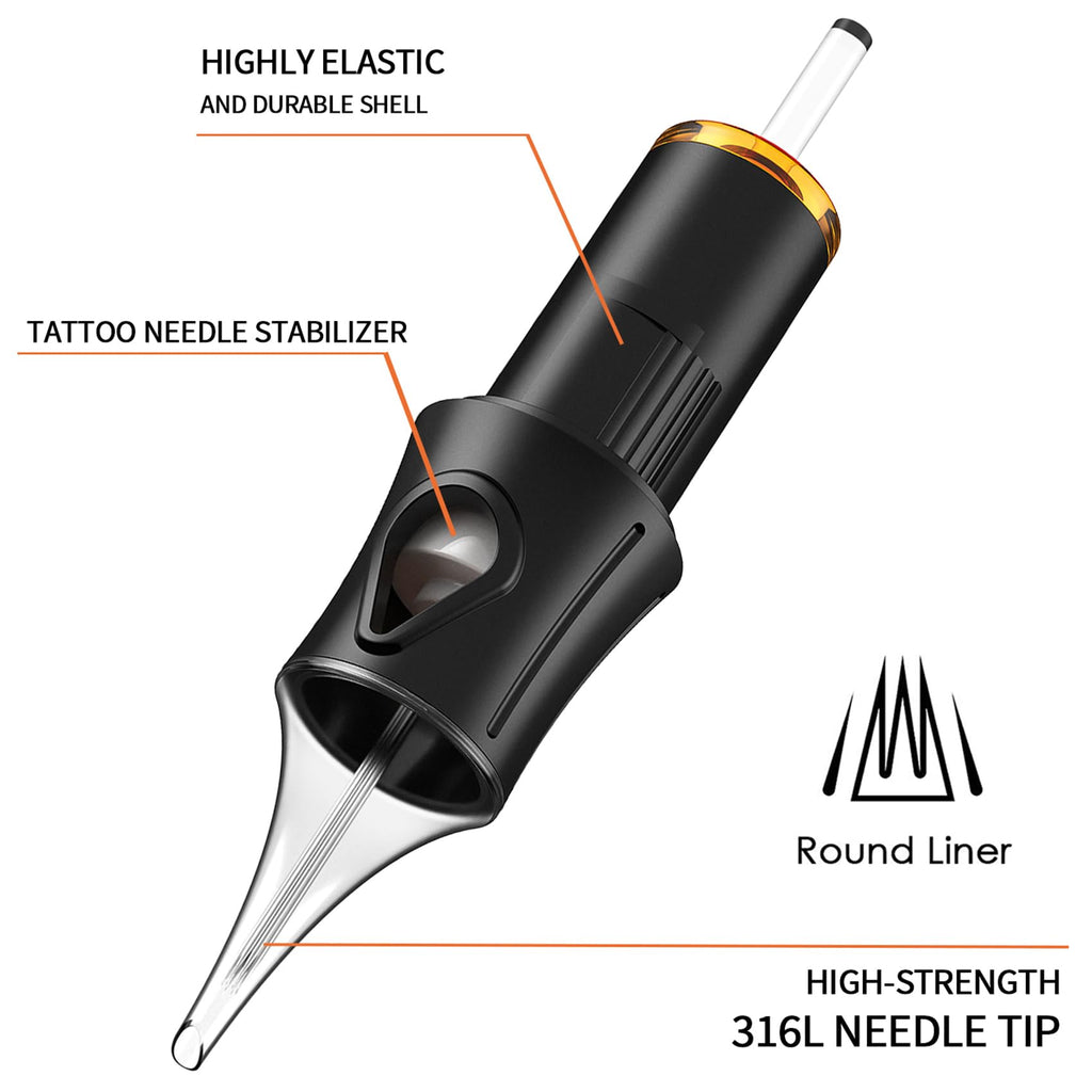 Ackbun 50 1209RL Tattoo Cartridges – 50 Pack, Sterilized, Durable, Sharp Tips, Universal Rotary Pen Compatibility