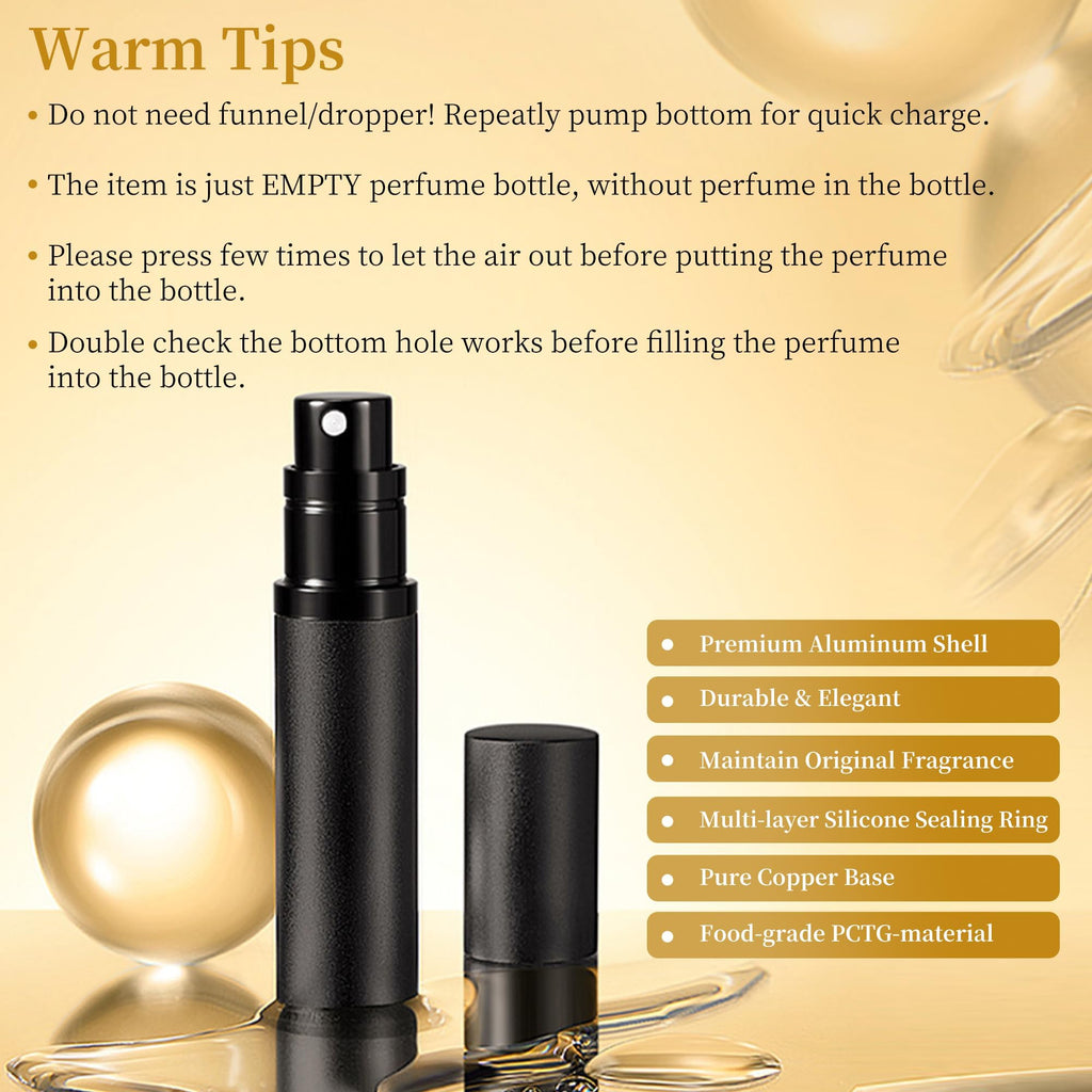 ACMYCH 2PCS Travel Perfume Refillable Bottle – 5ml, Bottom-Filling Atomizers (Black & Silver)