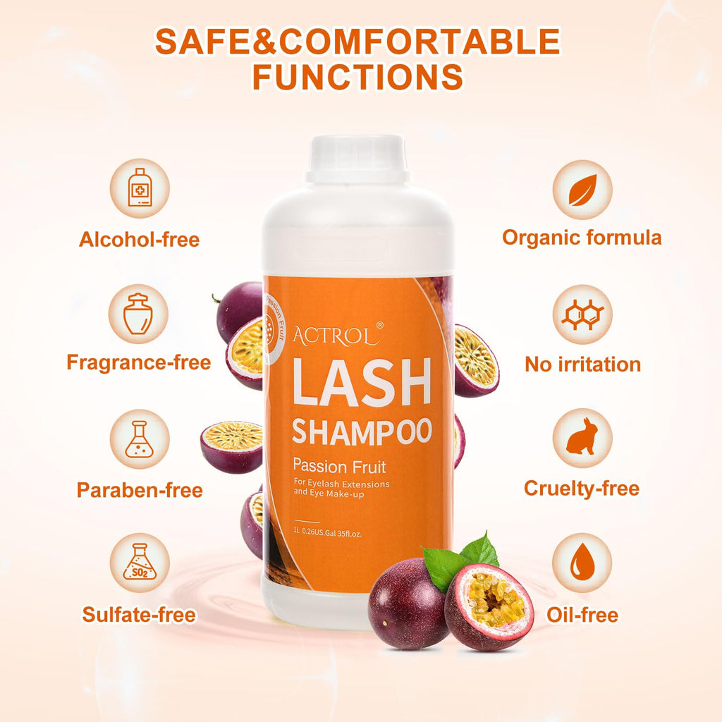 ACTROL Eyelash Extension Cleanser Passion Fruit 1L – Salon-Grade Lash Shampoo, Paraben & Sulfate Free