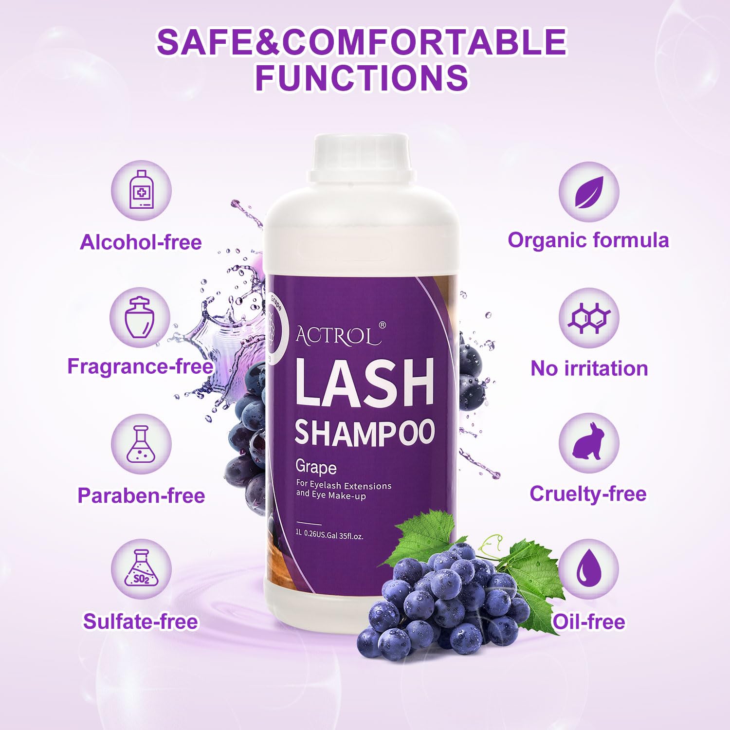 ACTROL Eyelash Extension Cleanser Grape 1L – Natural Lash Extension Shampoo for Salon & Home Care
