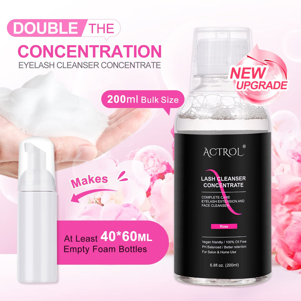 ACTROL Eyelash Cleanser Concentrate 200ml – Rose Foaming Lash Shampoo for Extensions (DIY, Makes 40 Bottles)