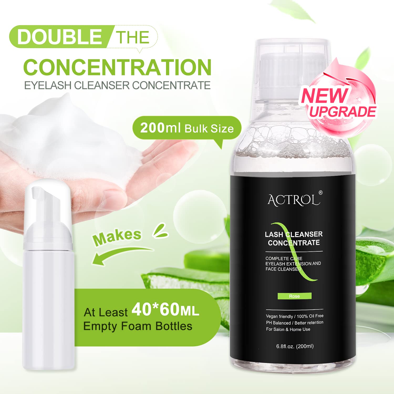ACTROL Eyelash Cleanser Concentrate 200ml – Aloe Foaming Lash Shampoo for Extensions | Makes 40 Bottles