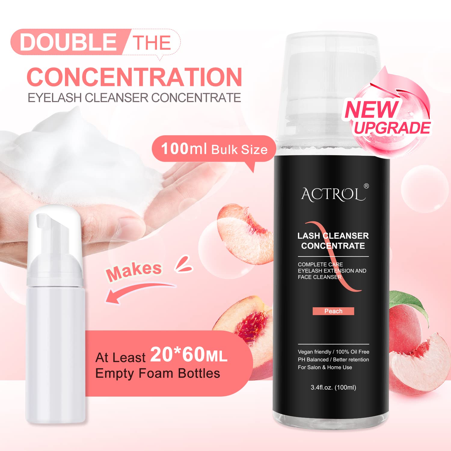 ACTROL Eyelash Cleanser Concentrate 100ml – Peach Foaming Lash Shampoo for Extensions