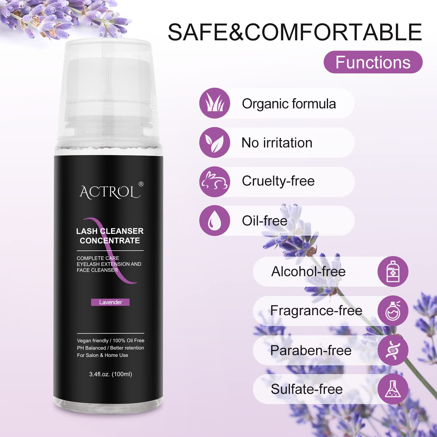 ACTROL Eyelash Cleanser Concentrate 100ml Lavender – Paraben & Sulfate Free Foaming Lash Shampoo