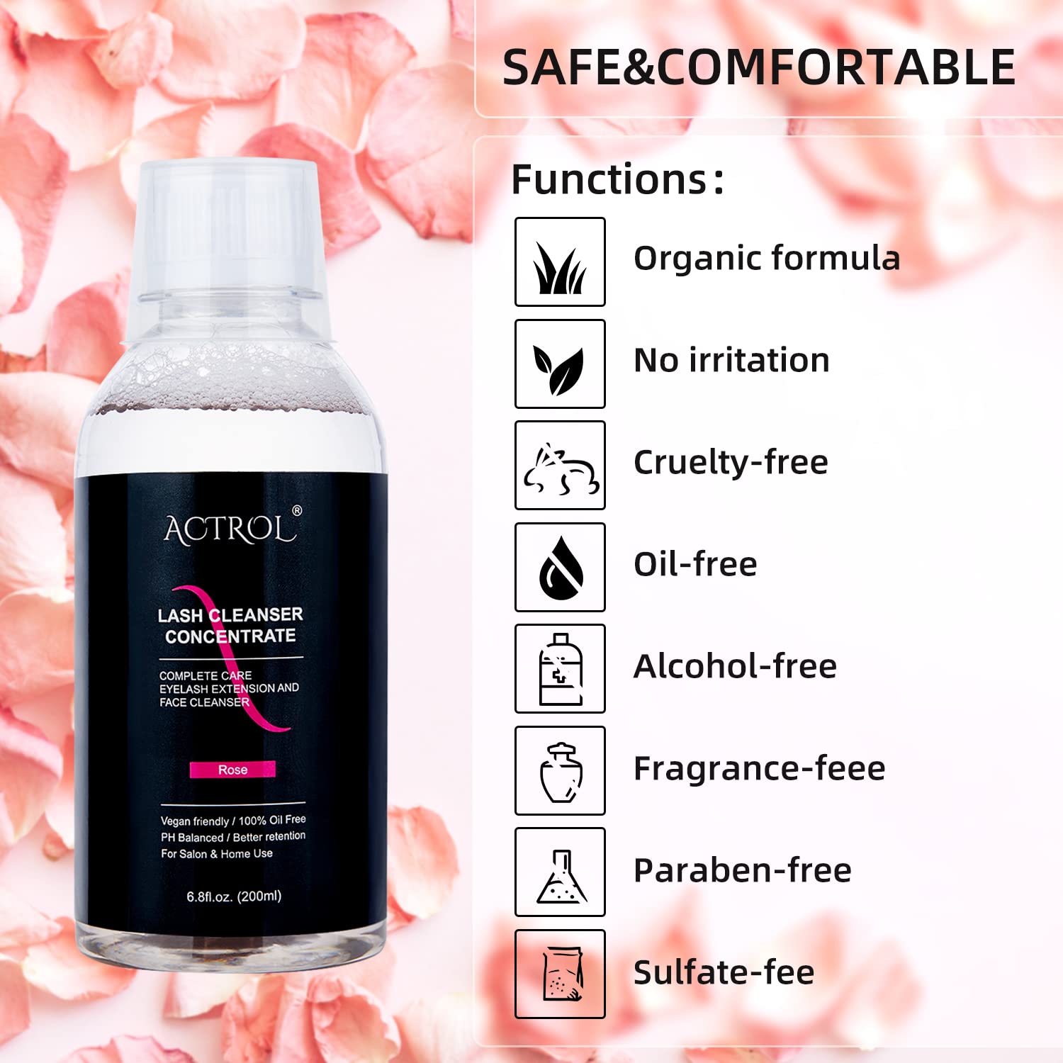 ACTROL Eyelash Cleanser Concentrate 200ml – Rose Foaming Lash Shampoo for Extensions (DIY, Makes 40 Bottles)