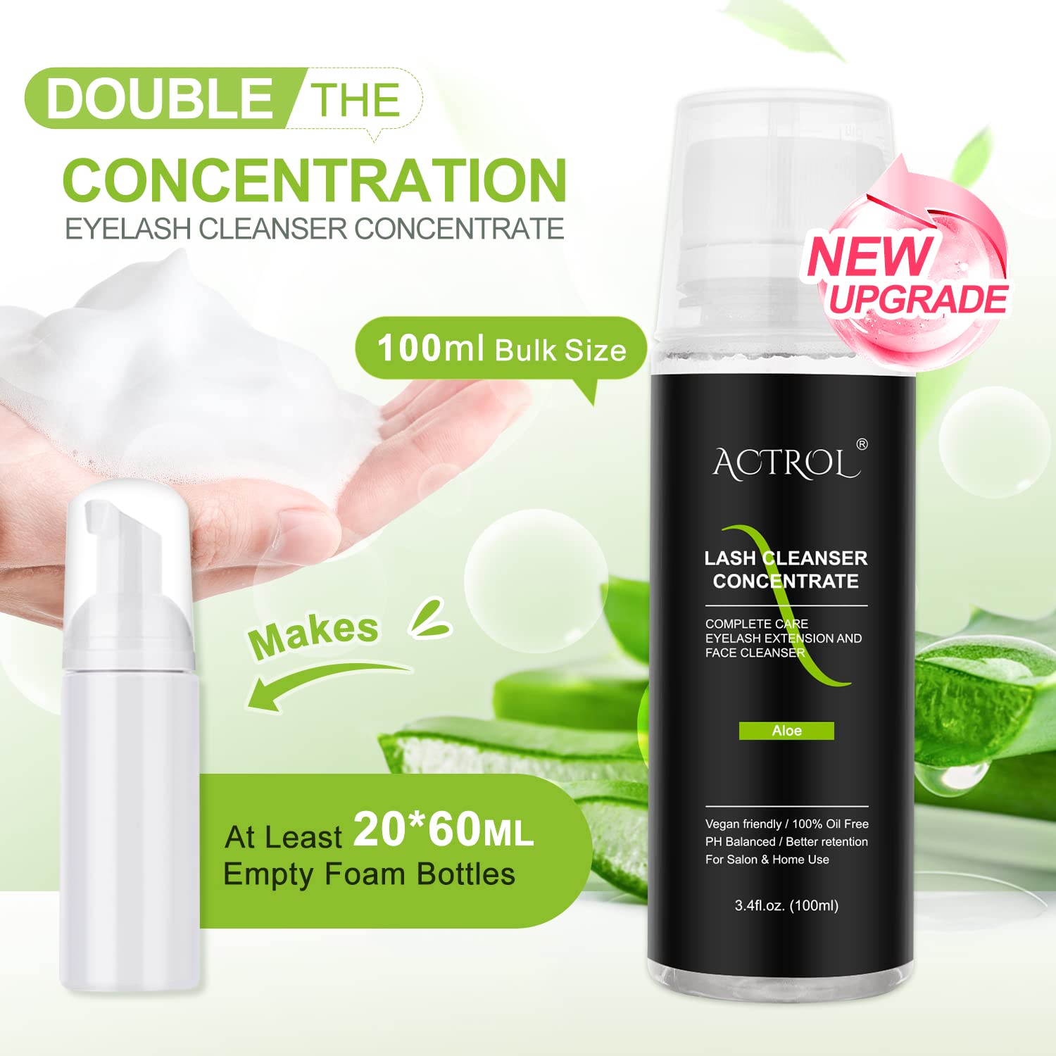 ACTROL Eyelash Cleanser Concentrate 100ml – Aloe Foaming Lash Shampoo for Salon & Home Care
