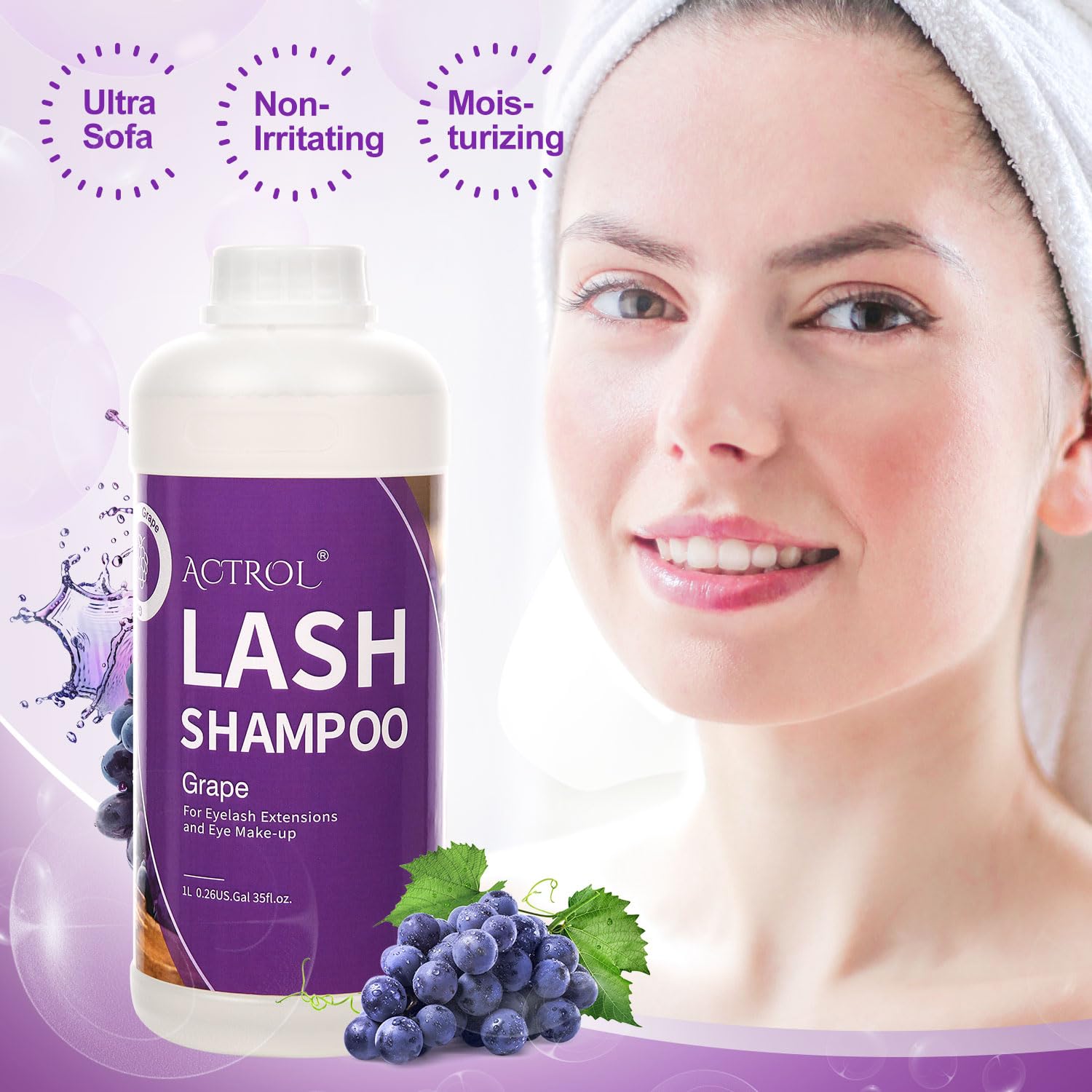 ACTROL Eyelash Extension Cleanser Grape 1L – Natural Lash Extension Shampoo for Salon & Home Care