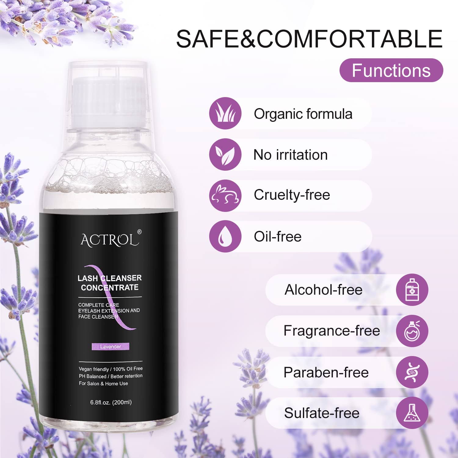 ACTROL Eyelash Cleanser Concentrate Lavender 200ml – Foaming Lash Shampoo, Makes 40 Bottles