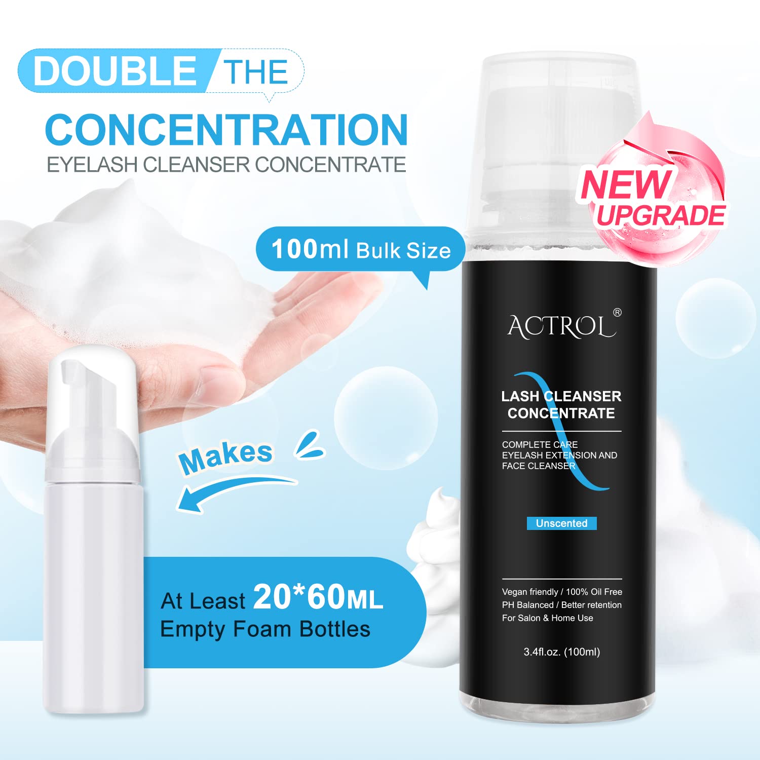 ACTROL Eyelash Cleanser Concentrate 100ml Unscented Foaming Lash Shampoo – Salon & Home Care (Makes 20 Bottles)