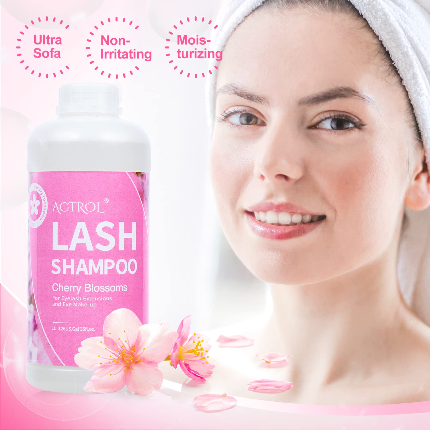 ACTROL Eyelash Extension Cleanser Cherry Blossom 1L | Natural Foaming Lash Shampoo for Salon & Home Care