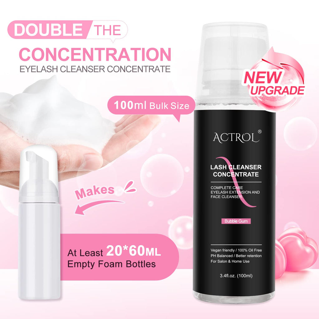 ACTROL Eyelash Cleanser Concentrate 100ml Bubble Gum – Foaming Lash Shampoo for Extensions (Makes 40 Bottles)