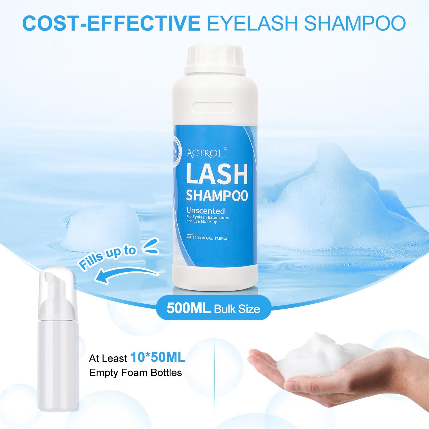 ACTROL Eyelash Shampoo Cleanser 500ml – Natural Plant ingredients, Alcohol Free, Paraben Free, Unscented Hydrosol