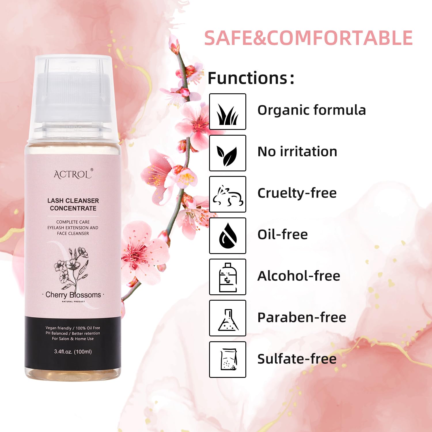 ACTROL Eyelash Shampoo Concentrate 100ml – Cherry Blossom Foaming Cleanser for Lash Extensions (DIY Mix)