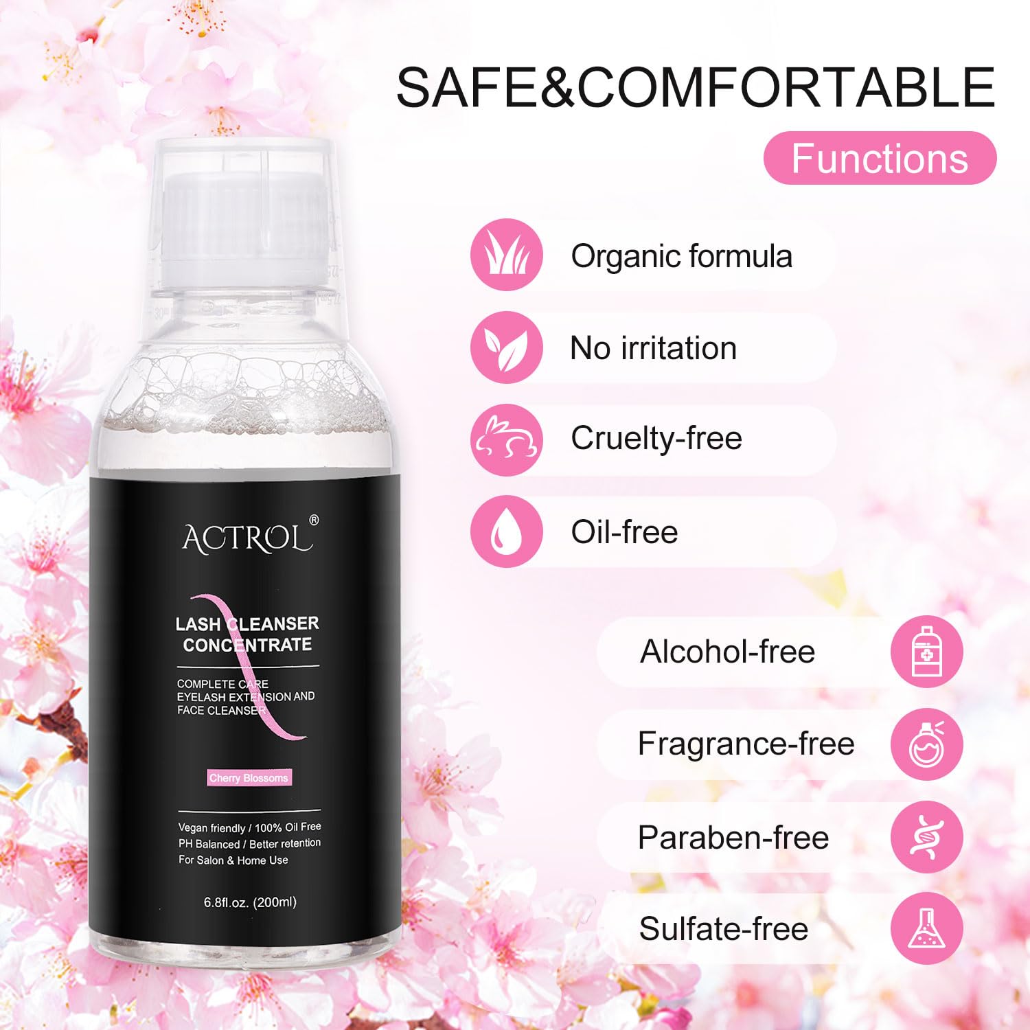 ACTROL Eyelash Cleanser Concentrate 200ml – Cherry Blossoms, Paraben & Sulfate Free, DIY Lash Shampoo (Makes 20 Bottles)