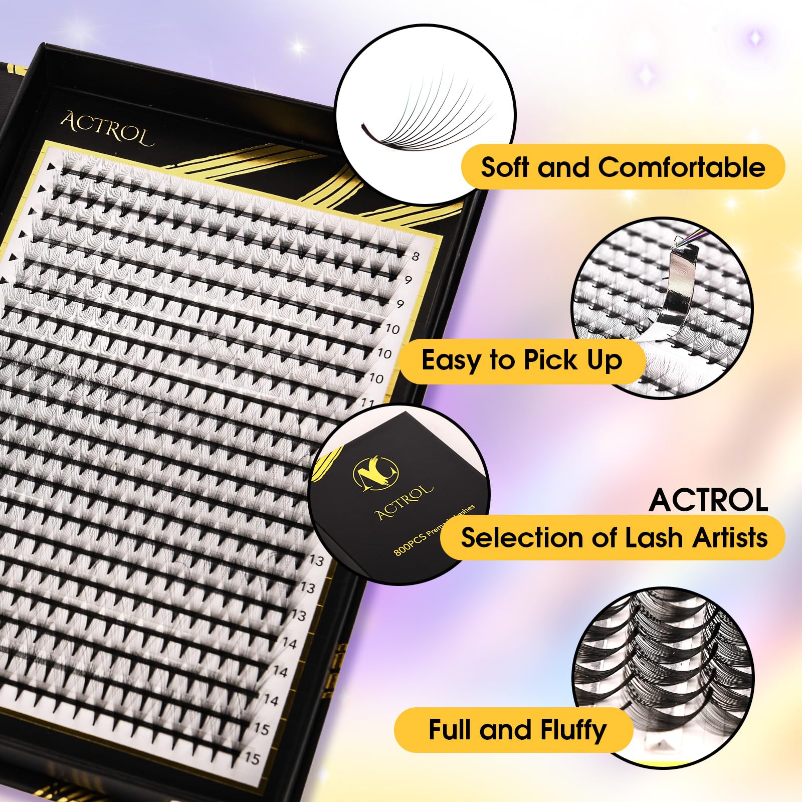 ACTROL 800 Premade Lash Fans – 10D D Curl Middle Stem, 8-15mm Mixed Length Box