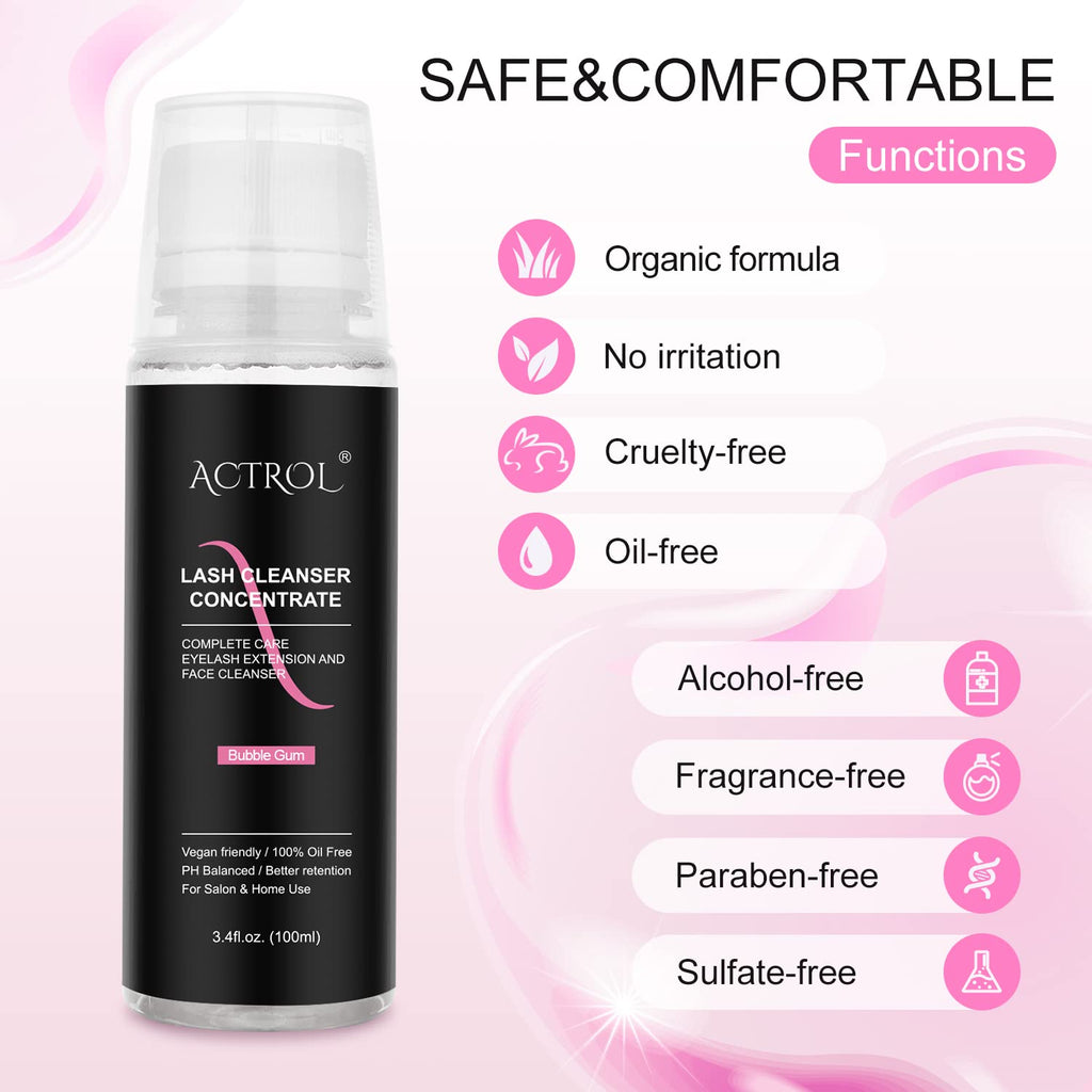 ACTROL Eyelash Cleanser Concentrate 100ml Bubble Gum – Foaming Lash Shampoo for Extensions (Makes 40 Bottles)