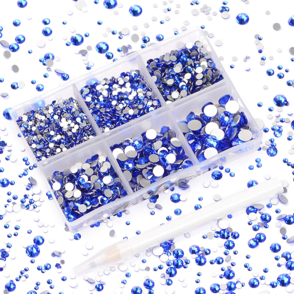 AD Beads 4300 Pieces Flat Back Nail Art Rhinestones – Royal Blue, 6 Sizes, Storage Box