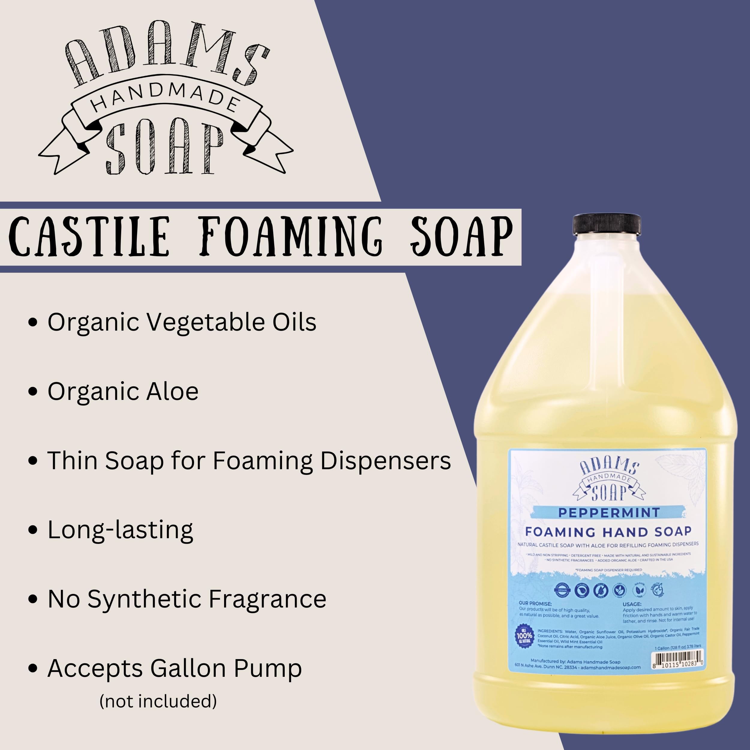 Adams Handmade Soap Peppermint Liquid Foaming Soap 1 Gal – Pre-Diluted Castile for Hands