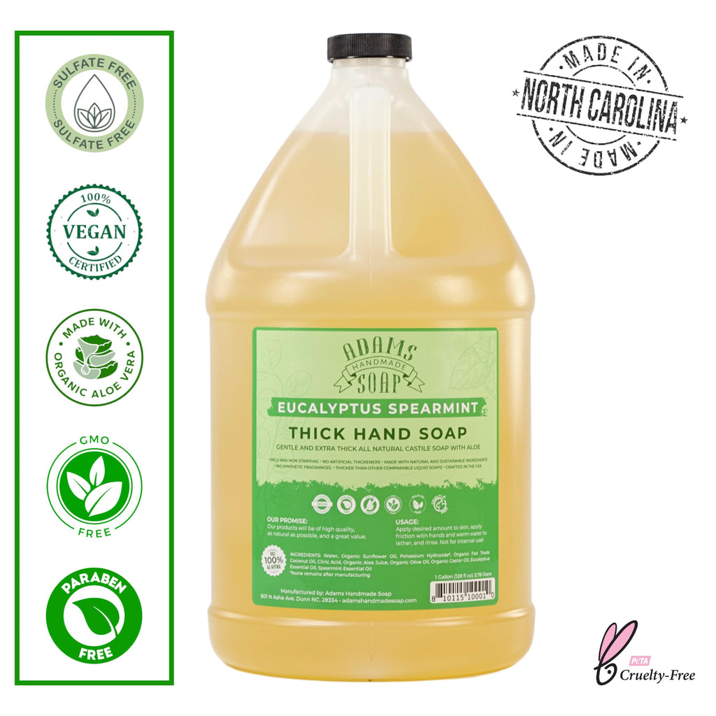 Adams Handmade Soap Liquid Castile Hand Soap, Thick & Mild – Eucalyptus Spearmint, 1 Gallon