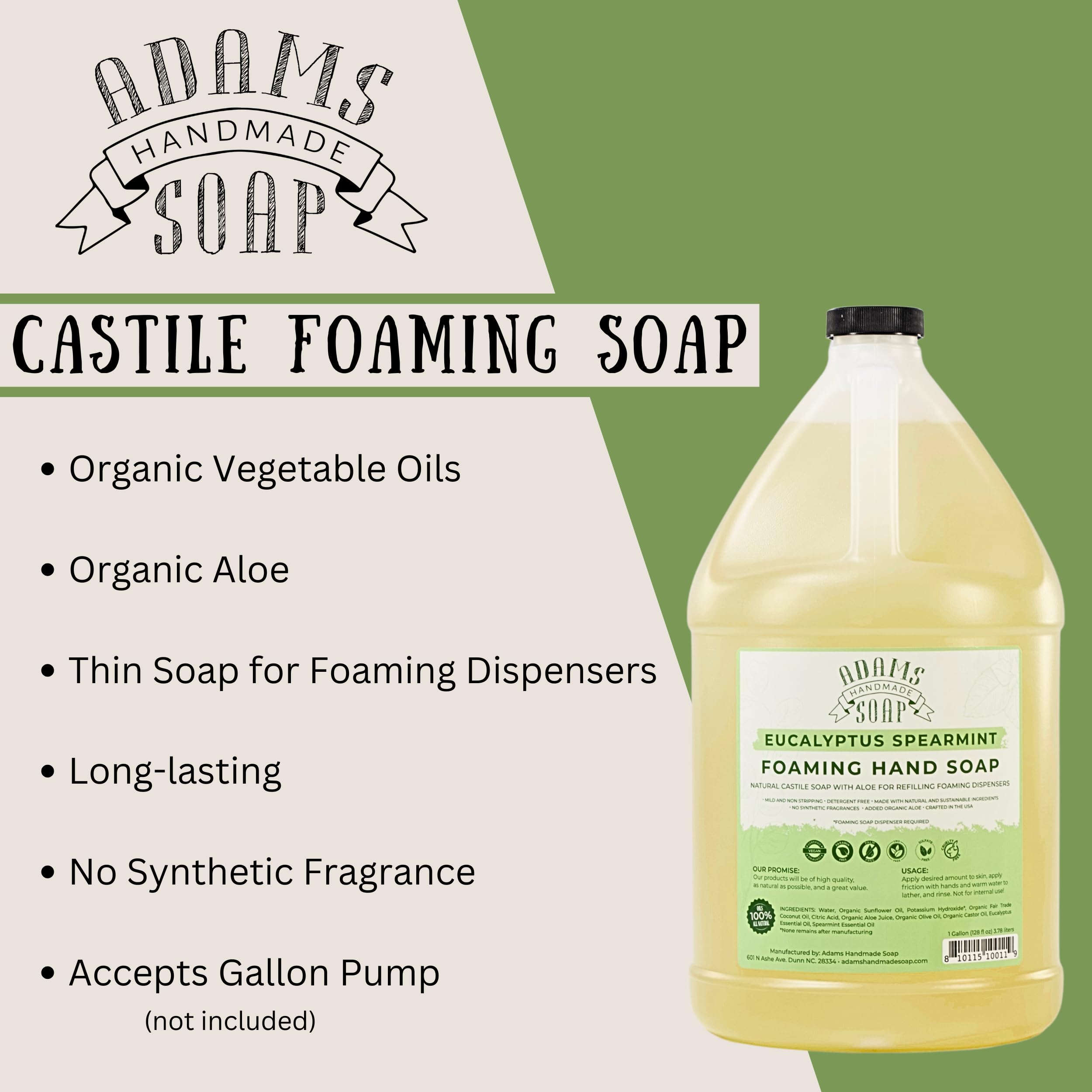 Adams Handmade Soap Liquid Foaming Soap 1 Gal – Eucalyptus Spearmint | Pre-Diluted Castile Soap