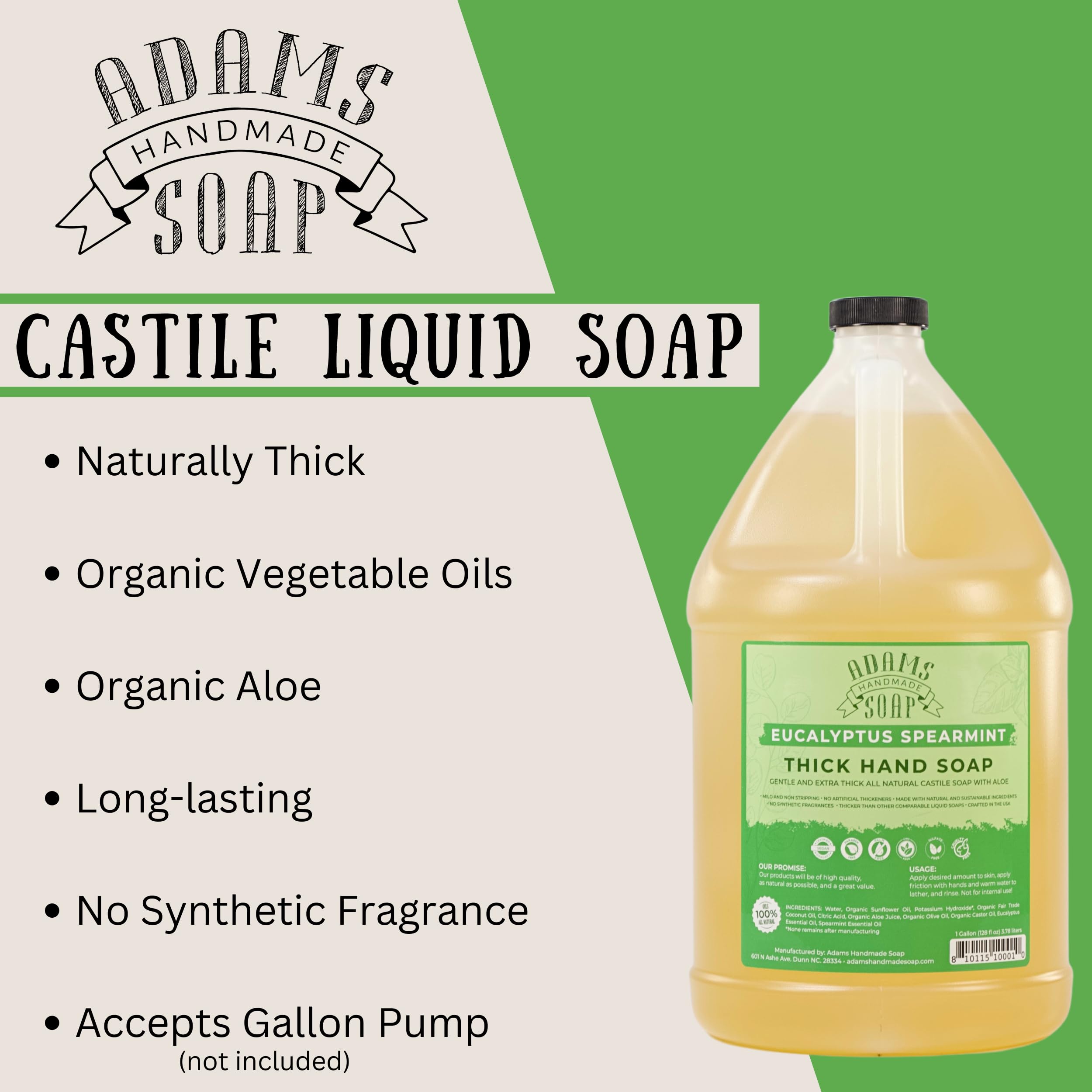Adams Handmade Soap Liquid Castile Hand Soap, Thick & Mild – Eucalyptus Spearmint, 1 Gallon