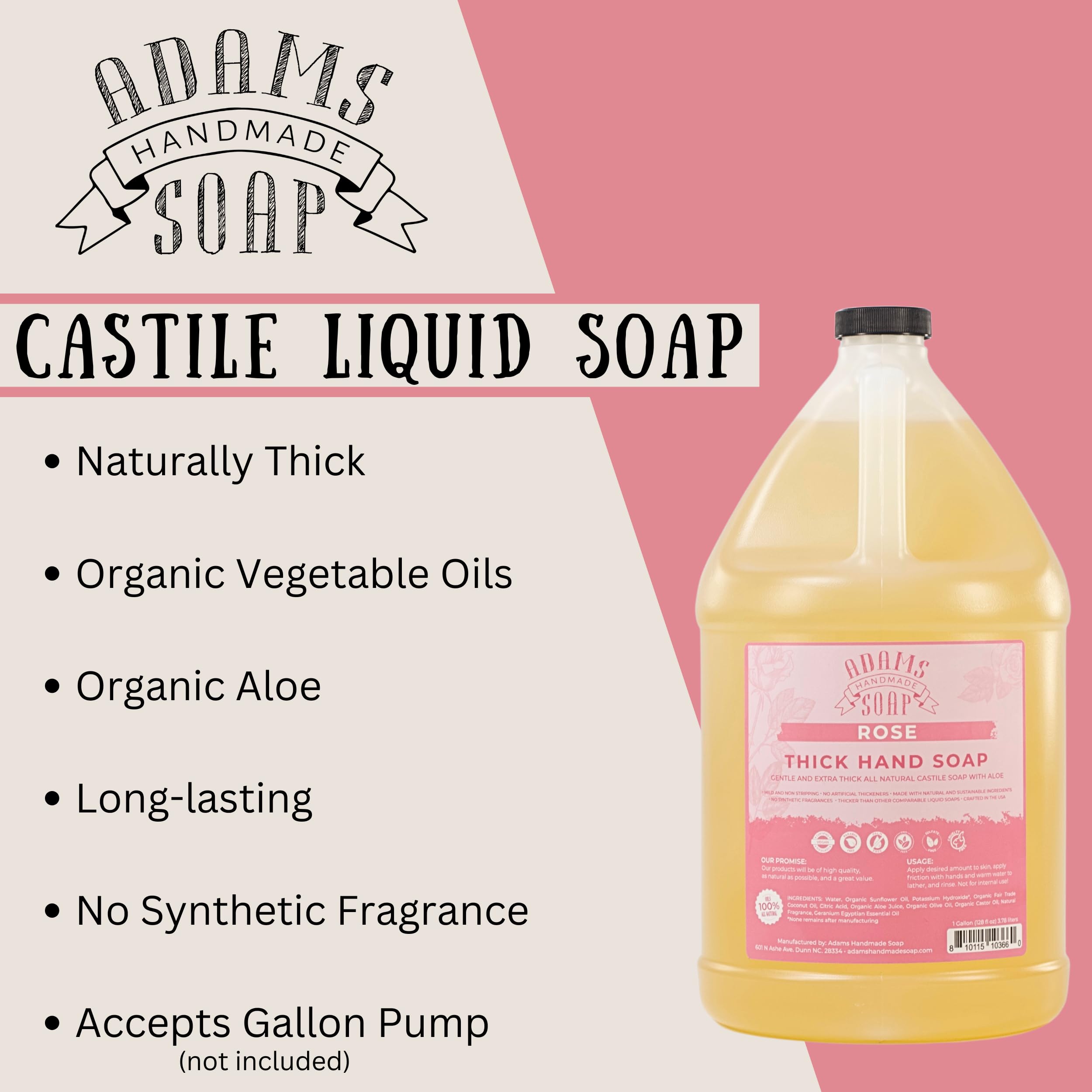 Adams Handmade Soap Thick Organic Castile Hand Soap – Rose, 1 Gallon Refill