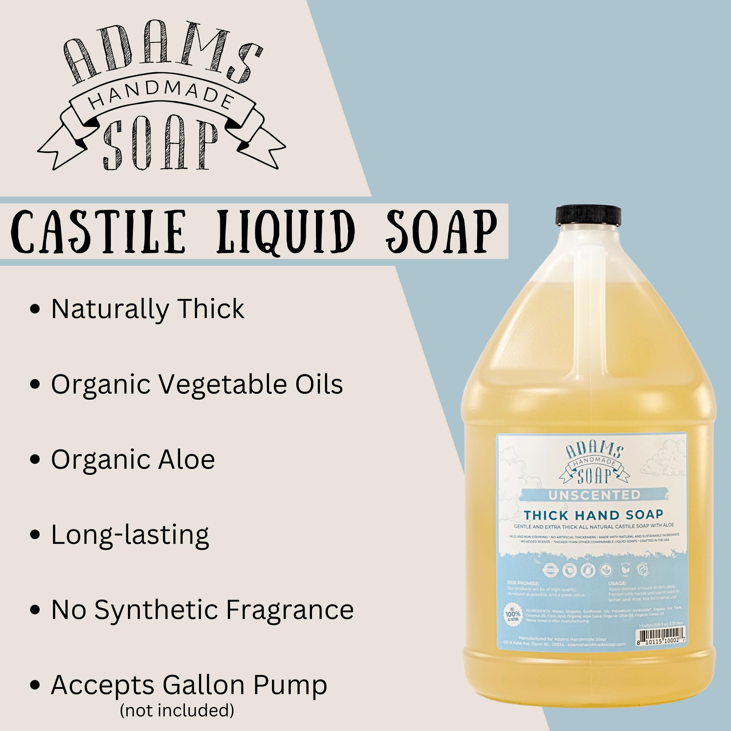 Adams Handmade Soap Thick Organic Castile Hand Soap – 1 Gallon Refill, Unscented