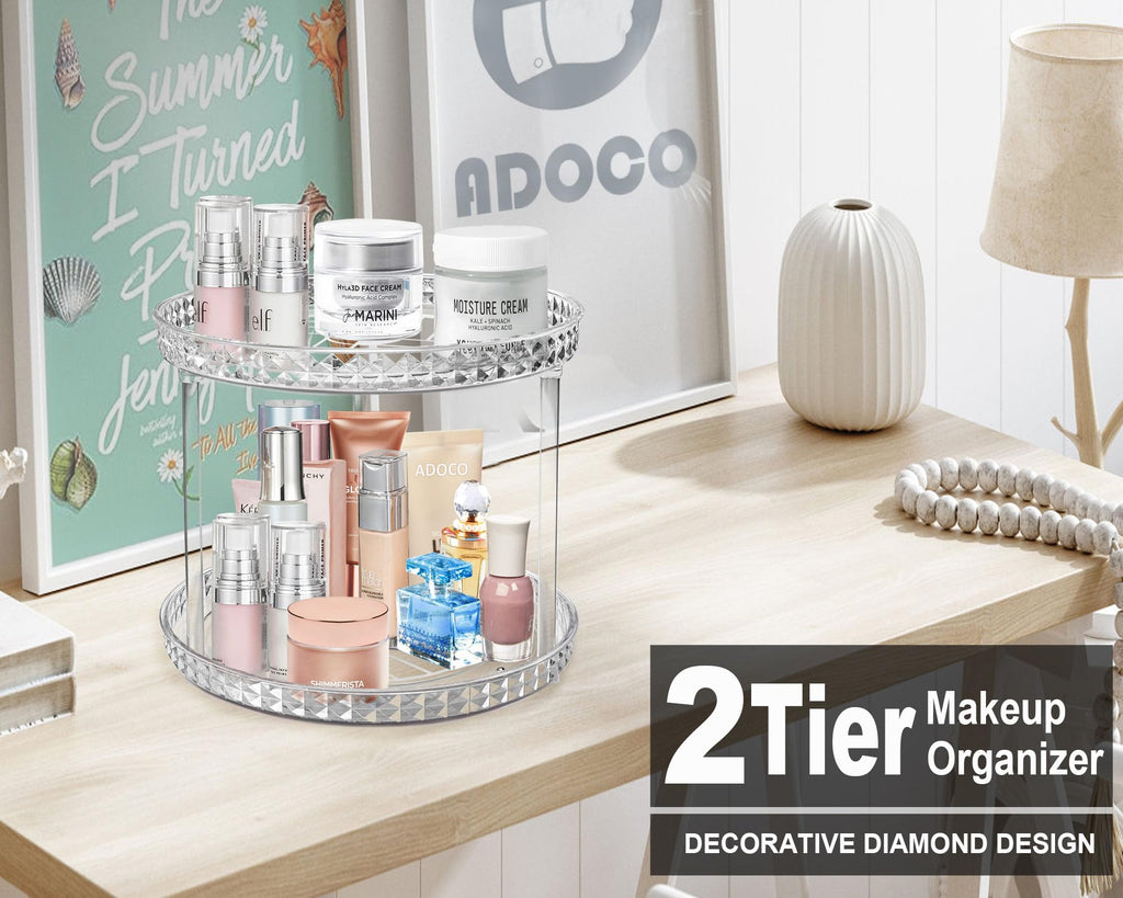 Adoco 2-Tier Diamond Lazy Susan Bathroom Organizer – 360° Rotating Clear Countertop Cosmetic Organizer (9.25 inch)
