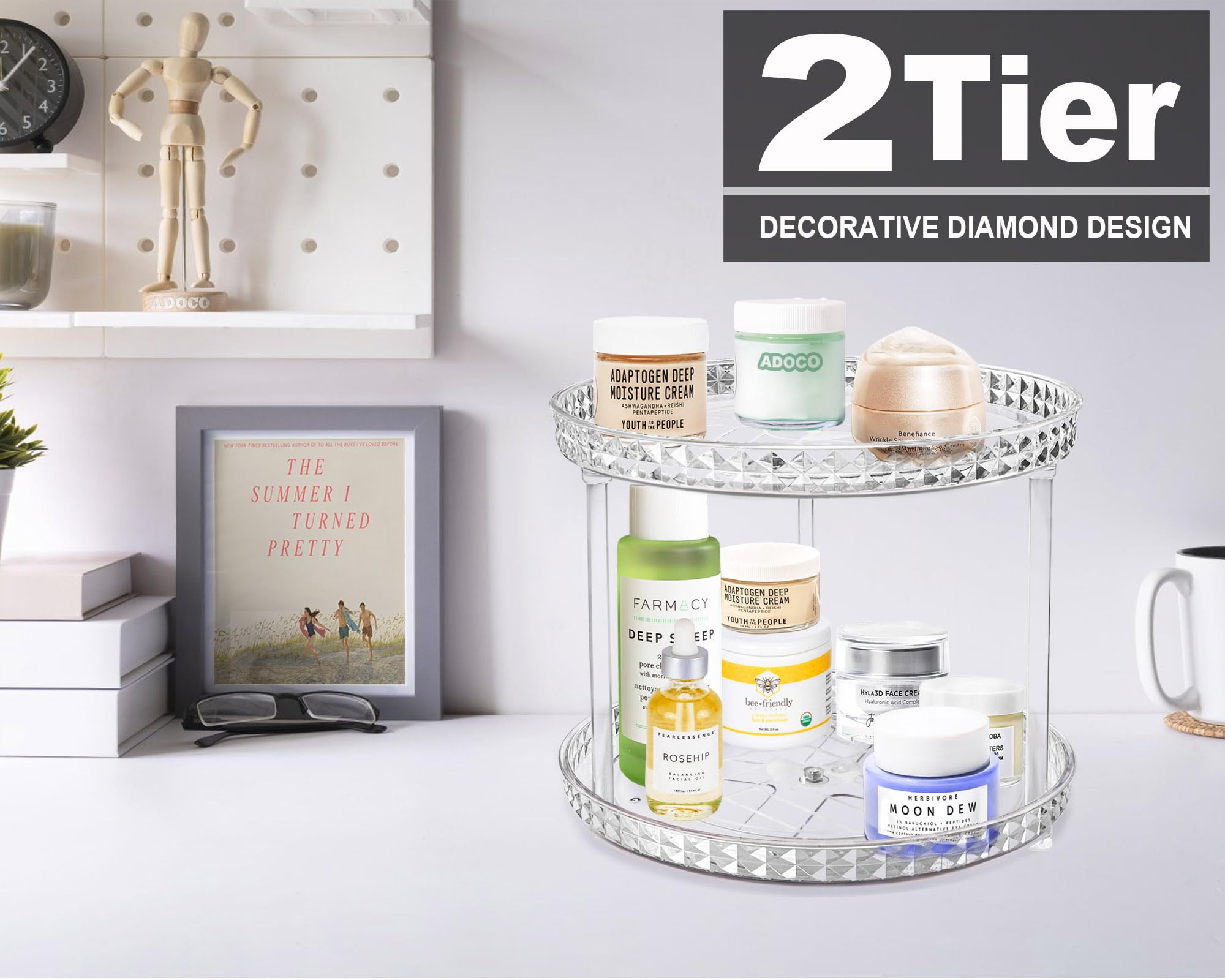 Adoco 2-Tier Diamond Lazy Susan Bathroom Organizer – 360° Rotating Clear Countertop Cosmetic Organizer (9.25 inch)