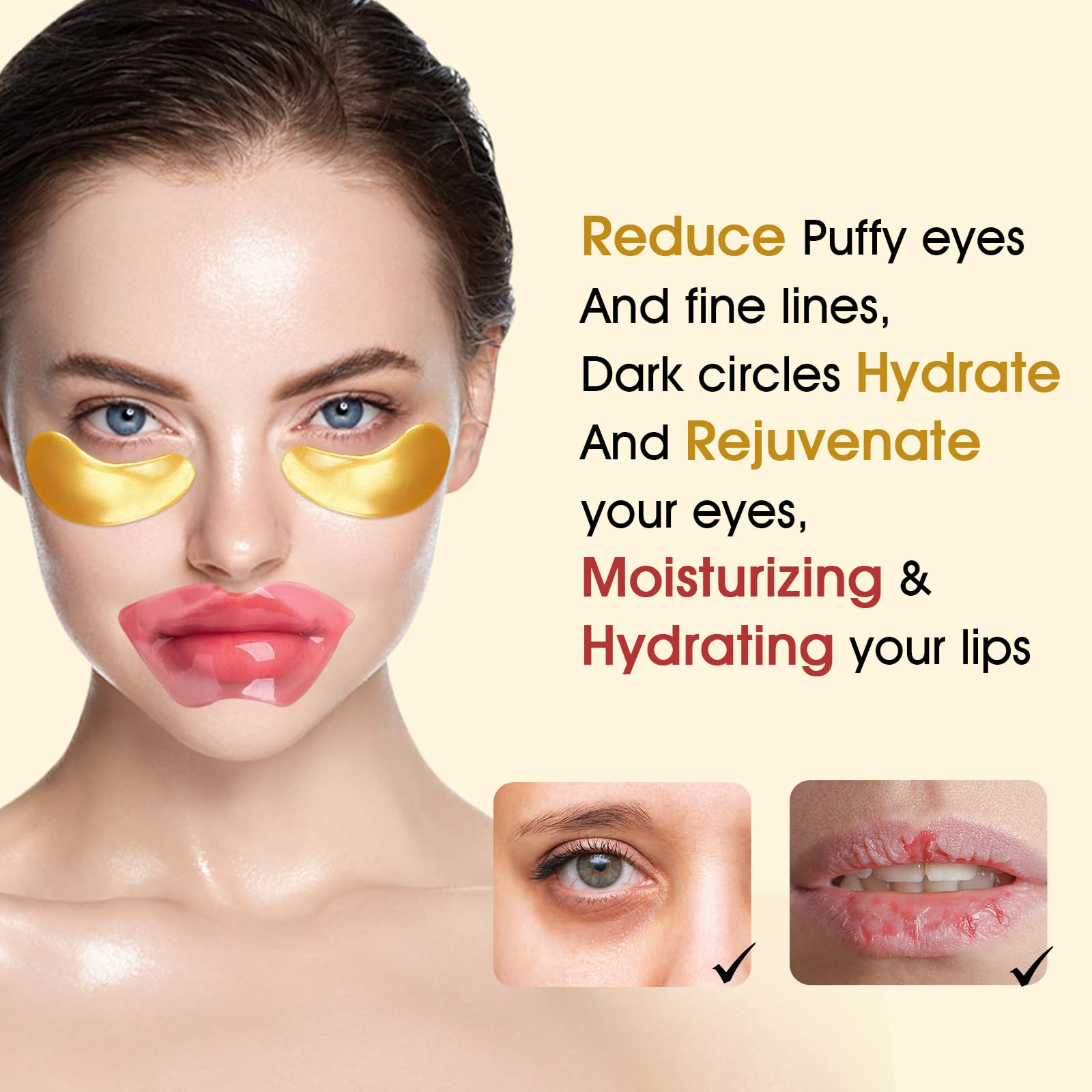 Adofect Collagen Crystal Lip Mask & 24K Gold Eye Mask Set – 40 Pairs, Hydration & Revitalization | Valentine's Day Gift