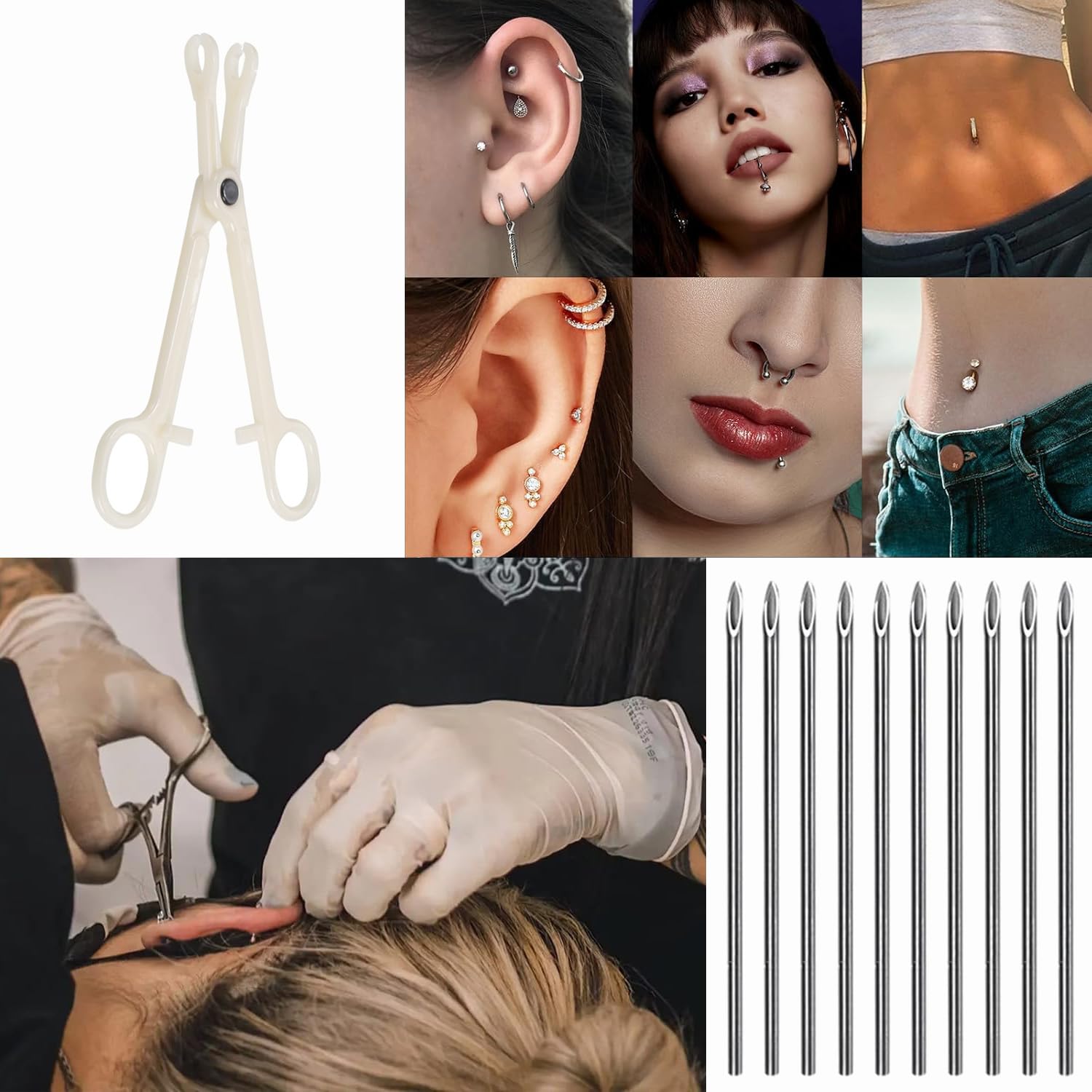 ADULLPONY 18G Ear Nose Piercing Needles Kit – 30 Sterile Hollow Needles with Forceps Clamp