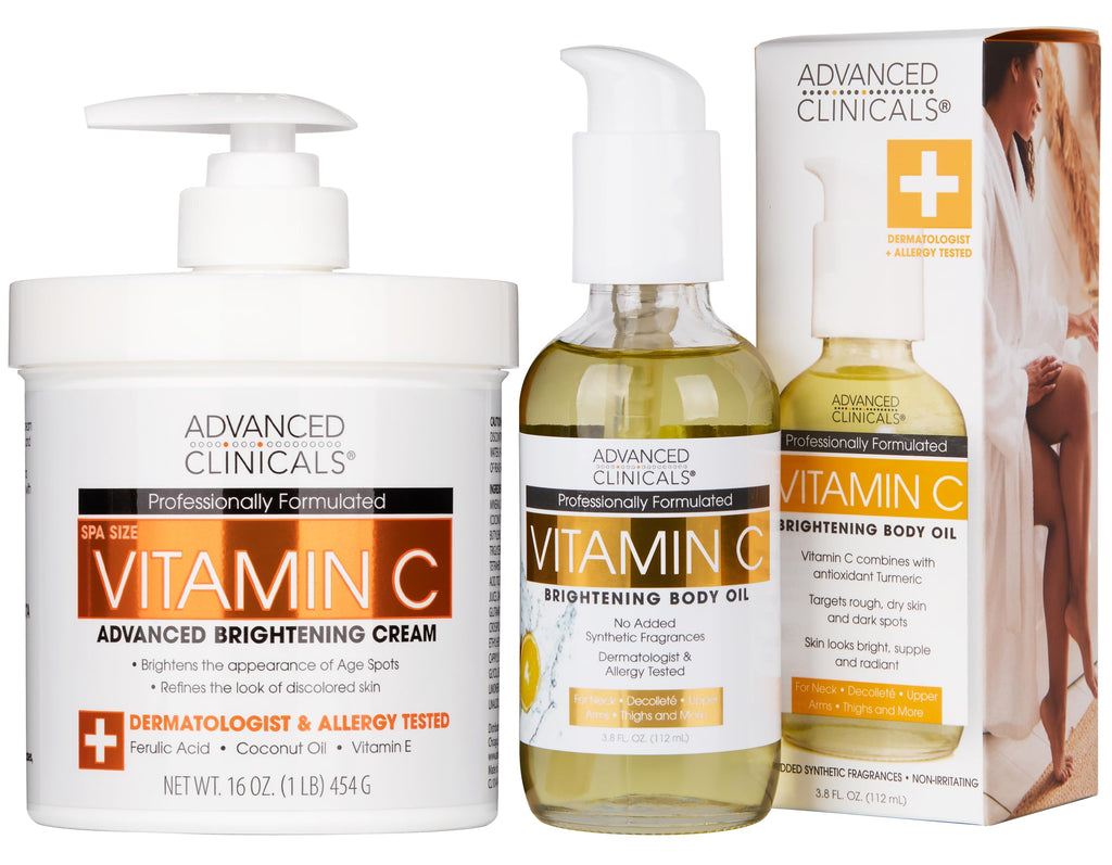 Advanced Clinicals Brightening Vitamin C Cream & Body Oil 2pc Set | Hydration, Radiance, & Even Tone